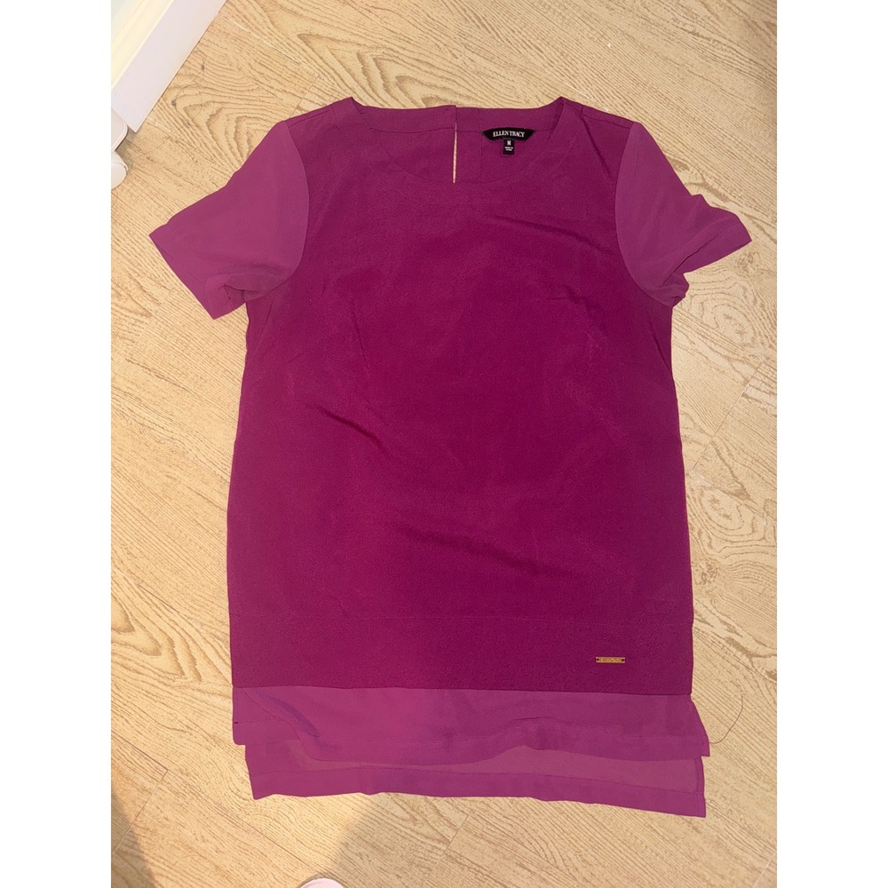 Ellen Tracy Magenta Purple Layered Chiffon Hem Short Sleeve Blouse Top Medium